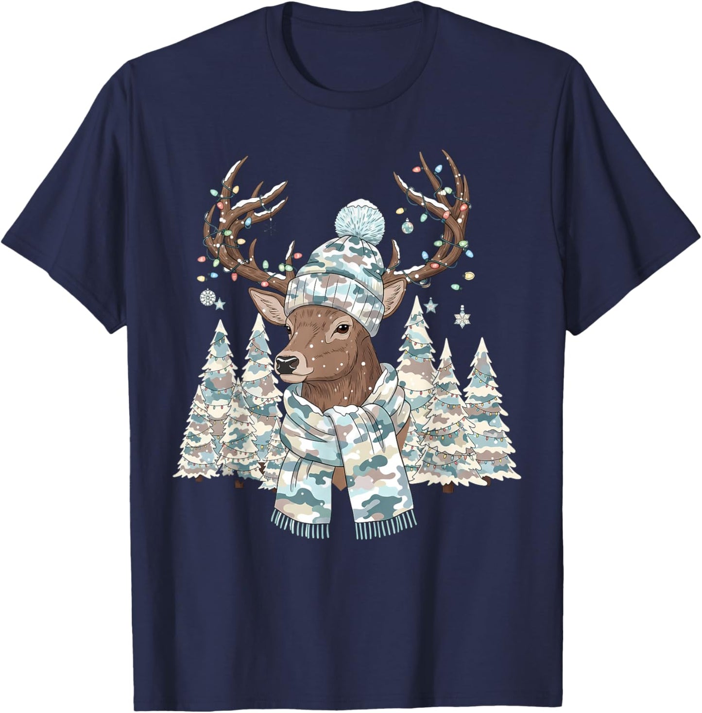 Christmas Camo Hunting Reindeer Pajamas with Deer Xmas Light T-Shirt - T-Shirt | Navy