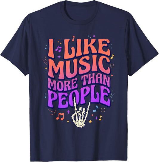I Like Music More Than People Retro Skeleton Hand Rock On T-Shirt - T-Shirt | Navy