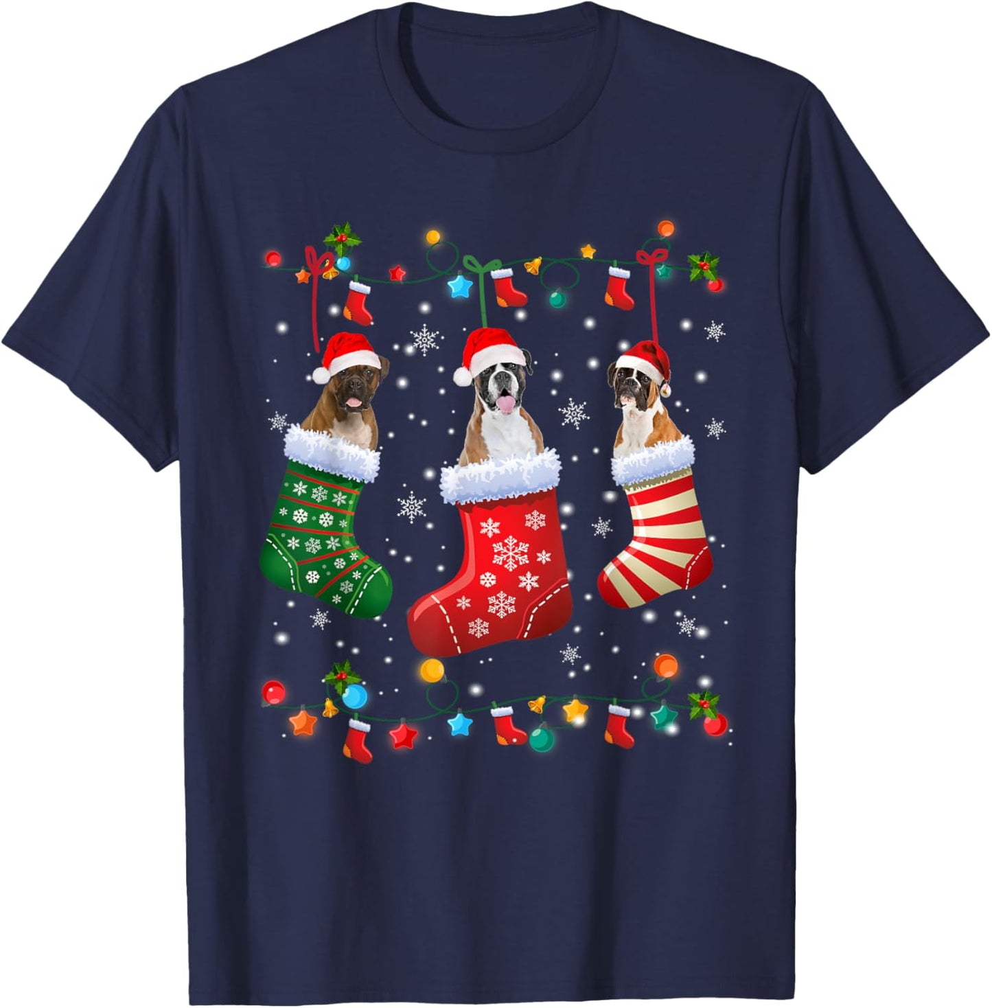 Christmas Socks Pajama Boxer Dog Puppy Lover Women Kids T-Shirt - T-Shirt | Navy