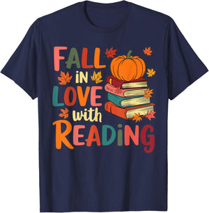 Fall In Love With Reading Autumn Thanksgiving Shirt Teacher T-Shirt - T-Shirt | Navy