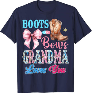 Boots or Bows Grandma Loves You Gender Reveal Party T-Shirt - T-Shirt | Navy