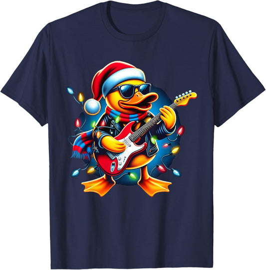 Santa Rubber Duck Christmas Light Xmas Duck Guitar Player T-Shirt - T-Shirt | Navy