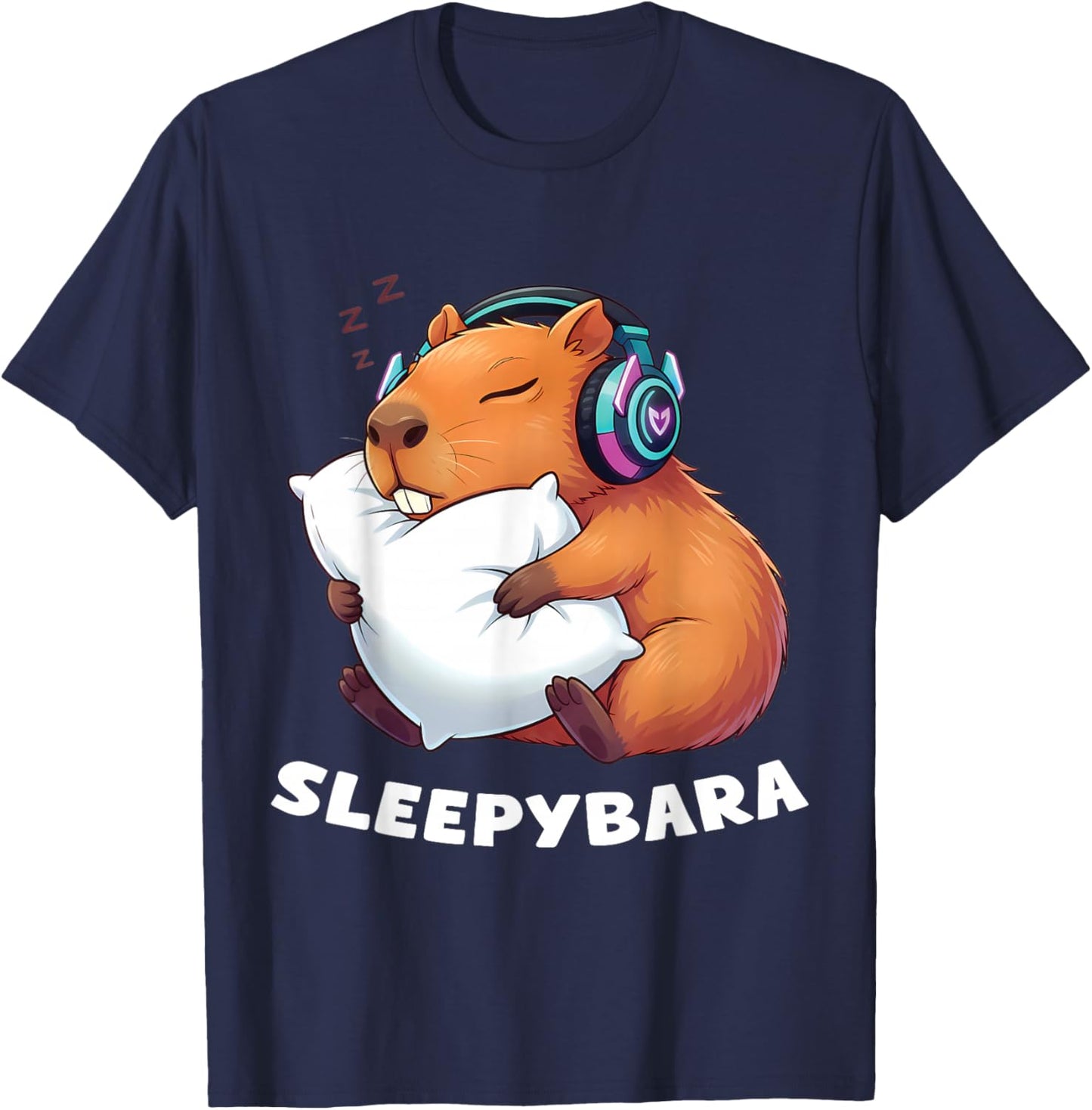 Funny Capybara Sleepybara Gamer Video Games T-Shirt - T-Shirt | Navy