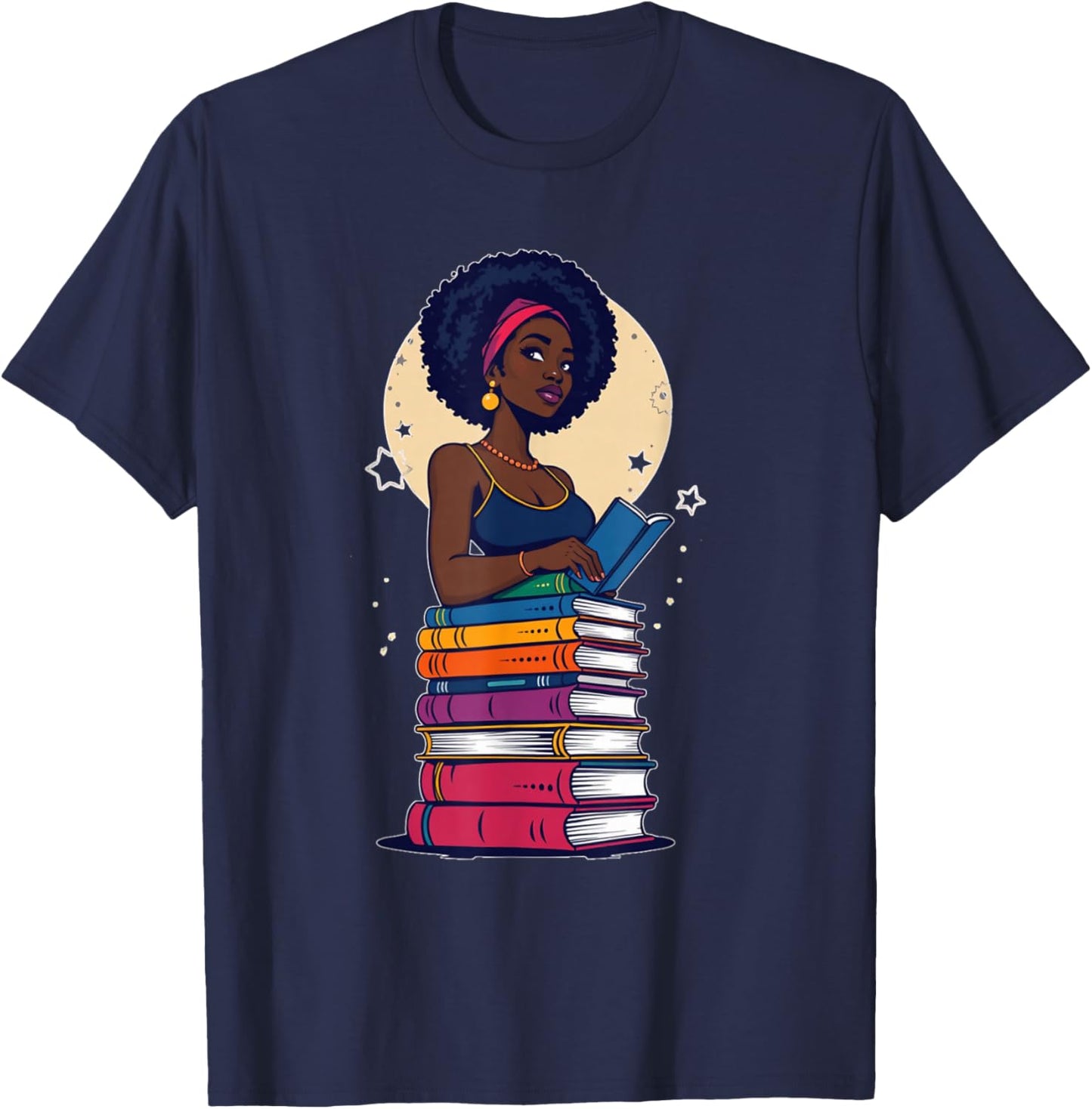 Black Woman And Books Stack - Afro Girl Reading Lover T-Shirt - T-Shirt | Navy