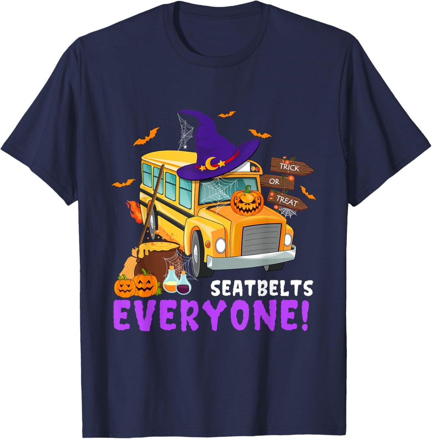 Seatbelts Everyone School Bus Driver Spooky Halloween Party T-Shirt - T-Shirt | Navy