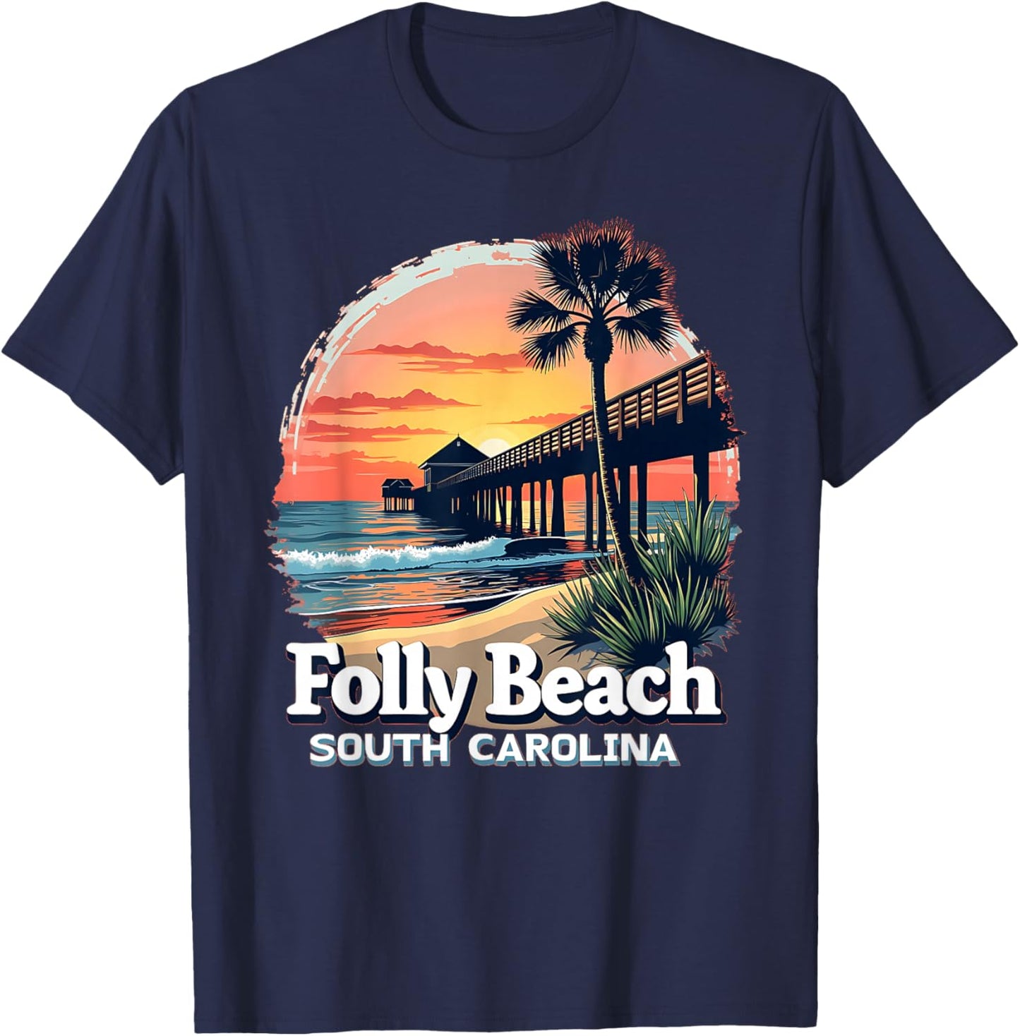Scenic Sunset Beach Vacation Folly Beach South Carolina T-Shirt - T-Shirt | Navy