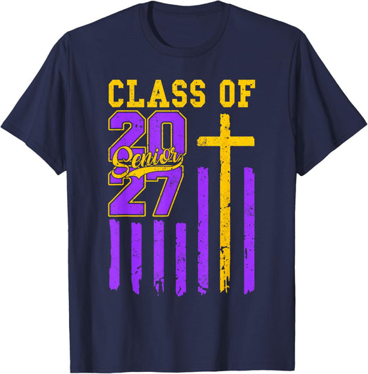 Senior Class of 2027 Christian American Flag 2027 Graduation T-Shirt - T-Shirt | Navy