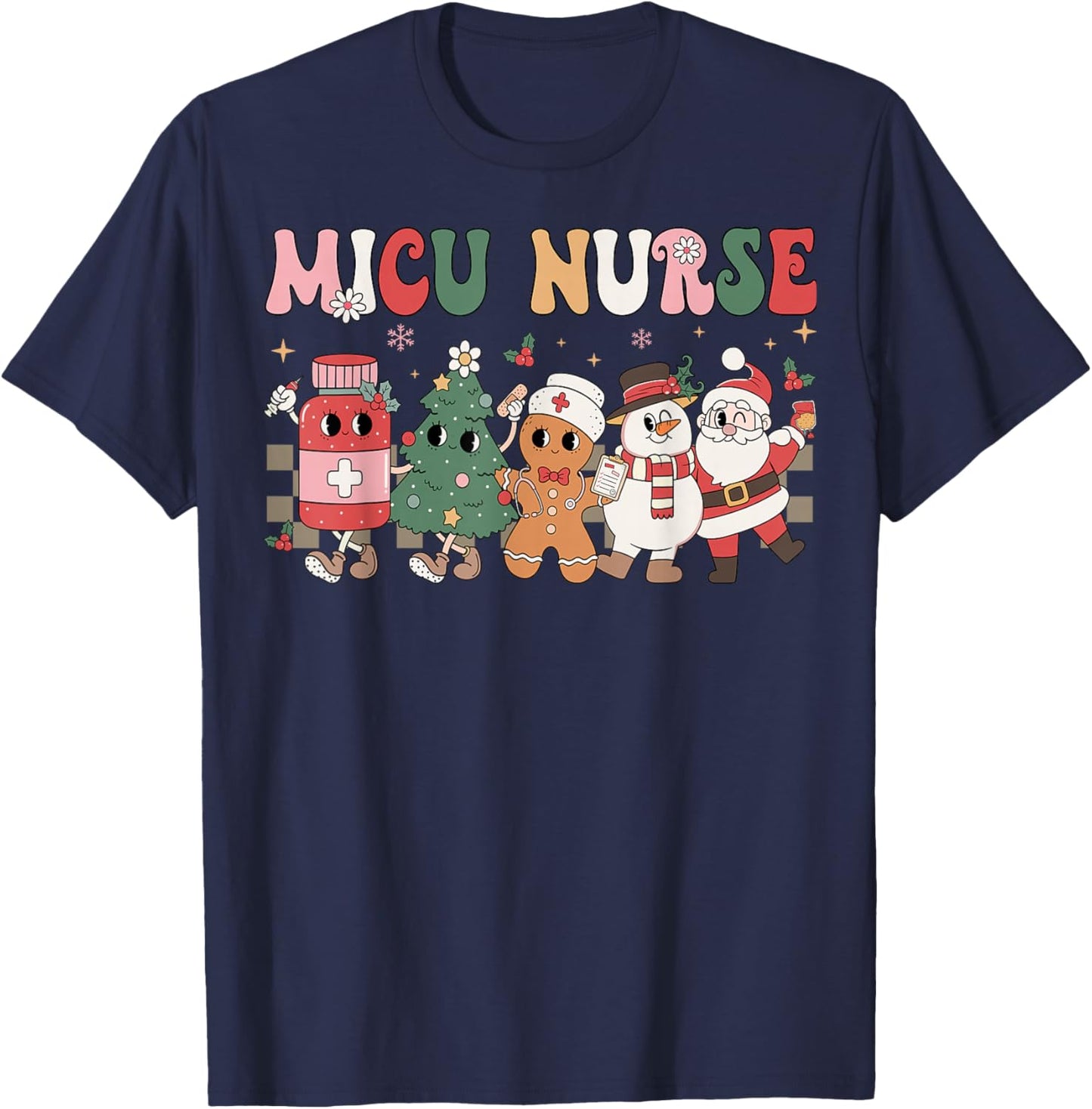 MICU Nurse Christmas Tree Gingerbread Nurse Retro T-Shirt - T-Shirt | Navy