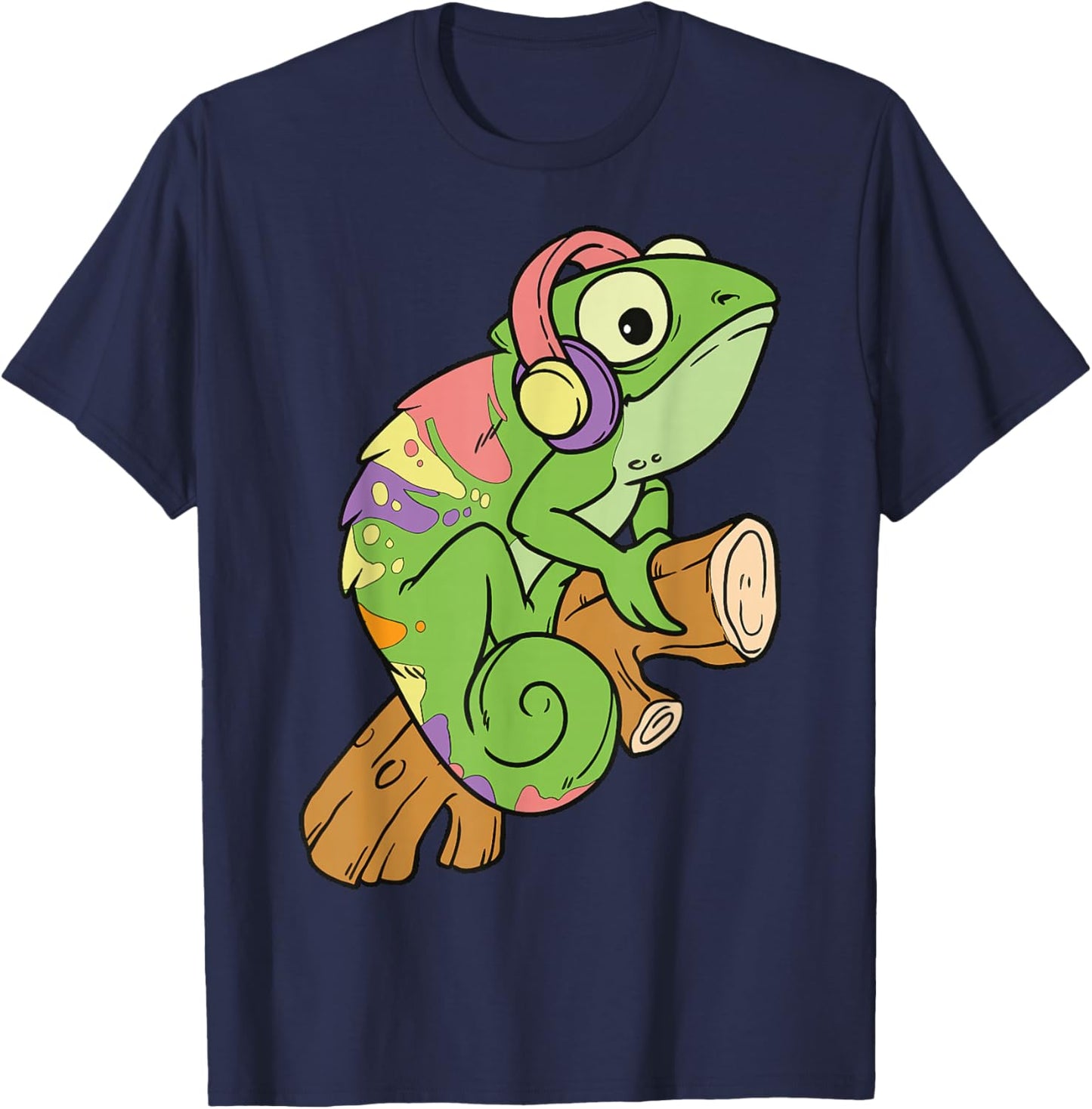 Cartoon Chameleon With Headphones Fun Illustration T-Shirt - T-Shirt | Navy