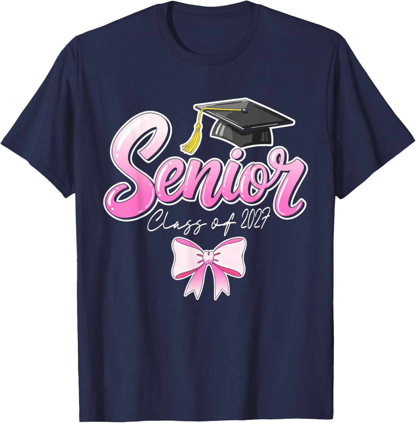 Senior Graduation Class 2027 Graduate Girls Pink Ribbon T-Shirt - T-Shirt | Navy