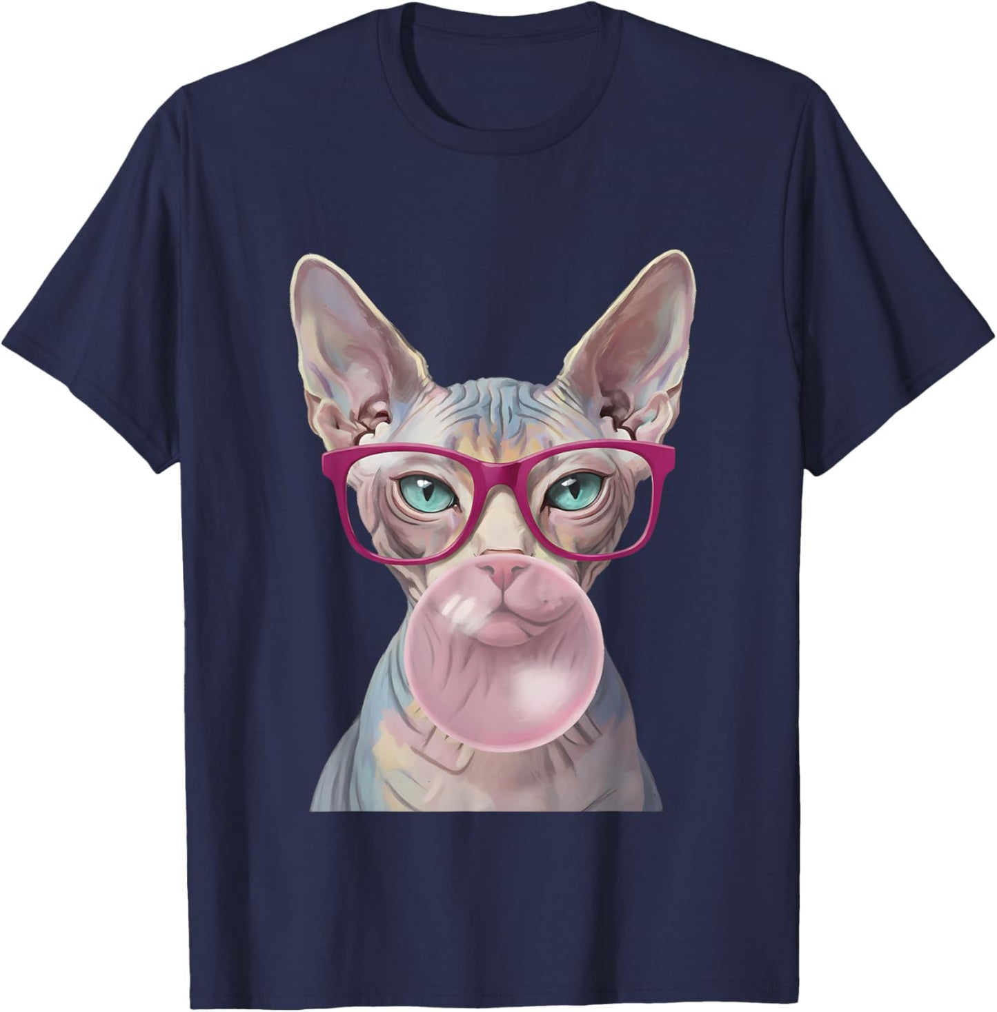 Sphynx Cat Glasses Bubble Gum Funny Hairless Women T-Shirt - T-Shirt | Navy