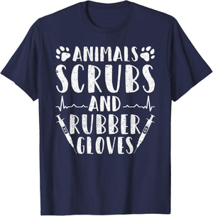 Veterinary Assistant Animals Scrubs And Rubber Gloves T-Shirt - T-Shirt | Navy