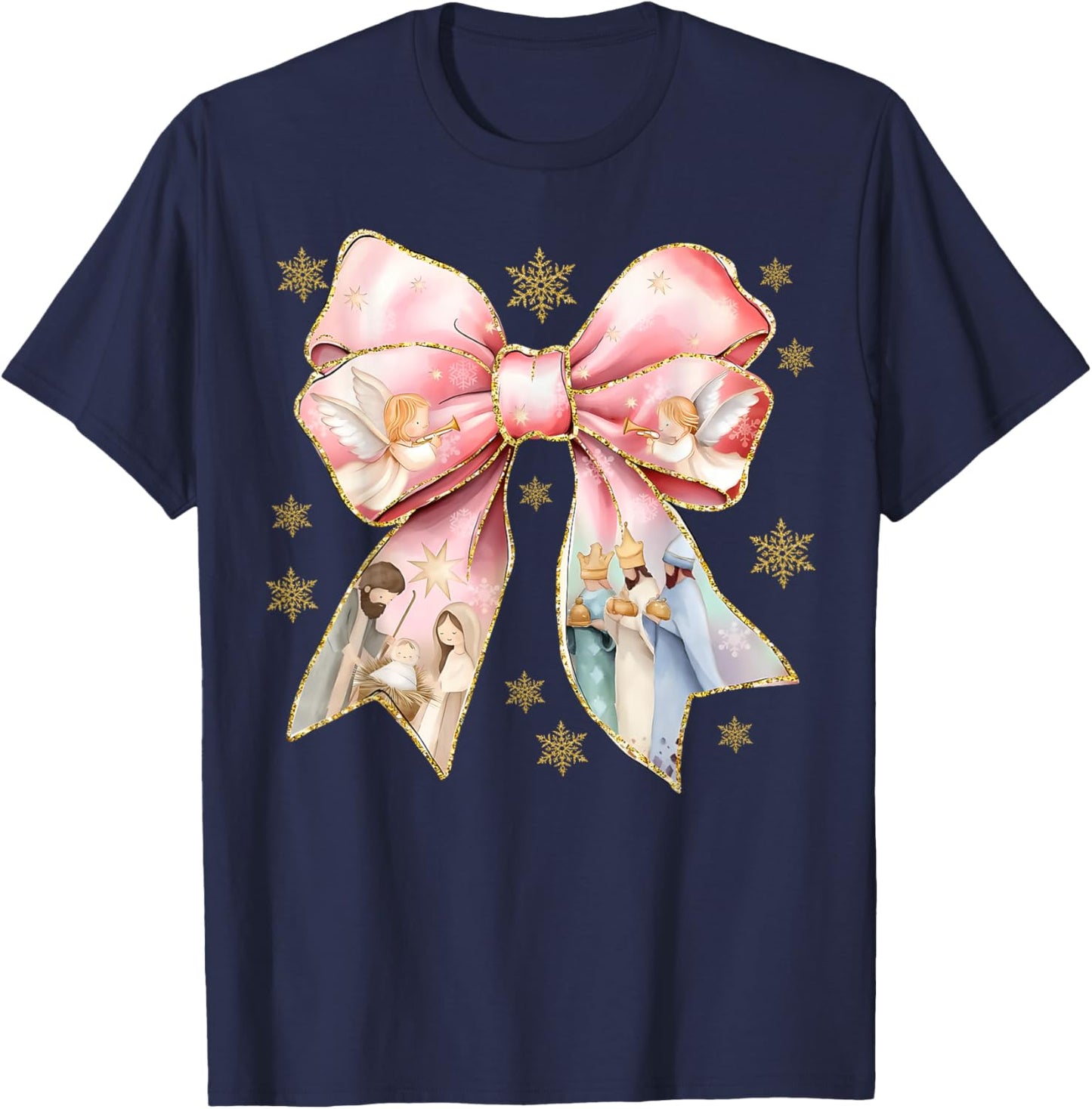 Cute Coquette Bow Baby Jesus Nativity Scene Christian Xmas T-Shirt - T-Shirt | Navy