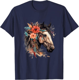 Floral Wild Horse Country Horse Riding T-Shirt - T-Shirt | Navy