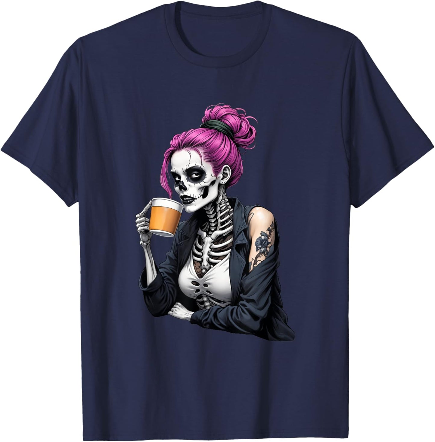Spooky Halloween Skeleton Messy Bun Drinking Coffee Women T-Shirt - T-Shirt | Navy