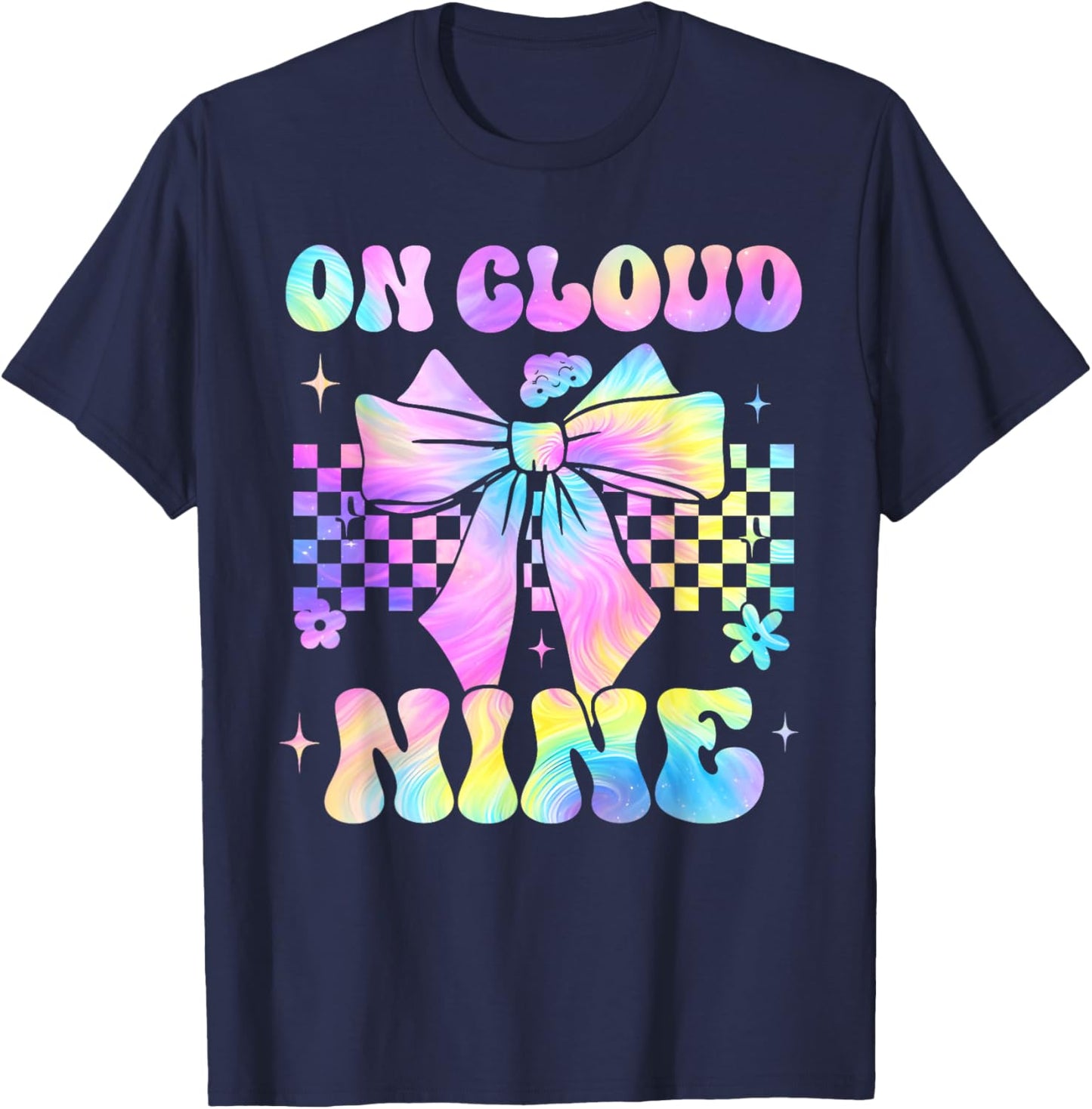 Kids 9th Birthday Girl On Cloud Nine Coquette Bow 9 Year Old T-Shirt - T-Shirt | Navy