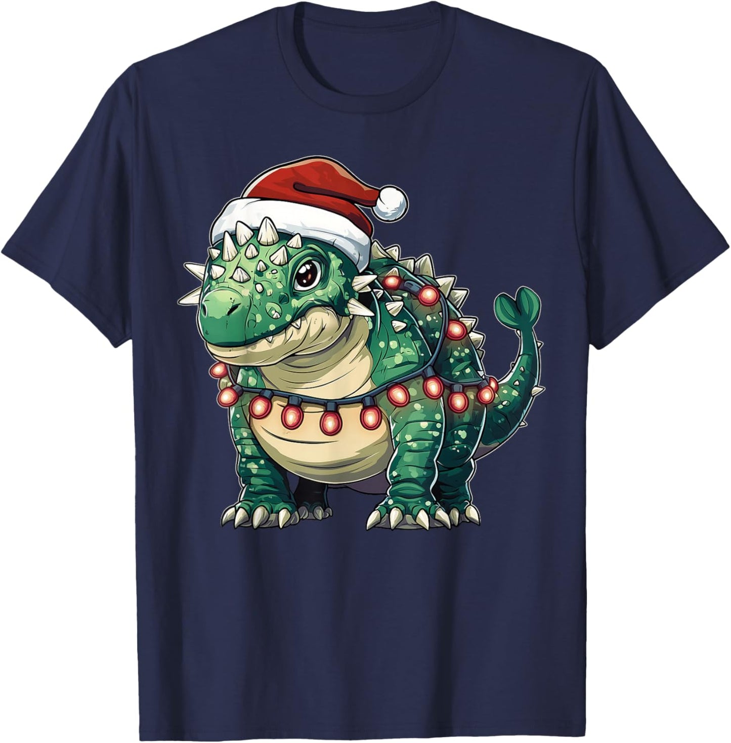 Ankylosaurus Dinosaur Christmas - -Adults/Kids - Red - Short Sleeve - U-Neck - Small - Christmas Dinosaur T-Shirt - T-Shirt | Navy