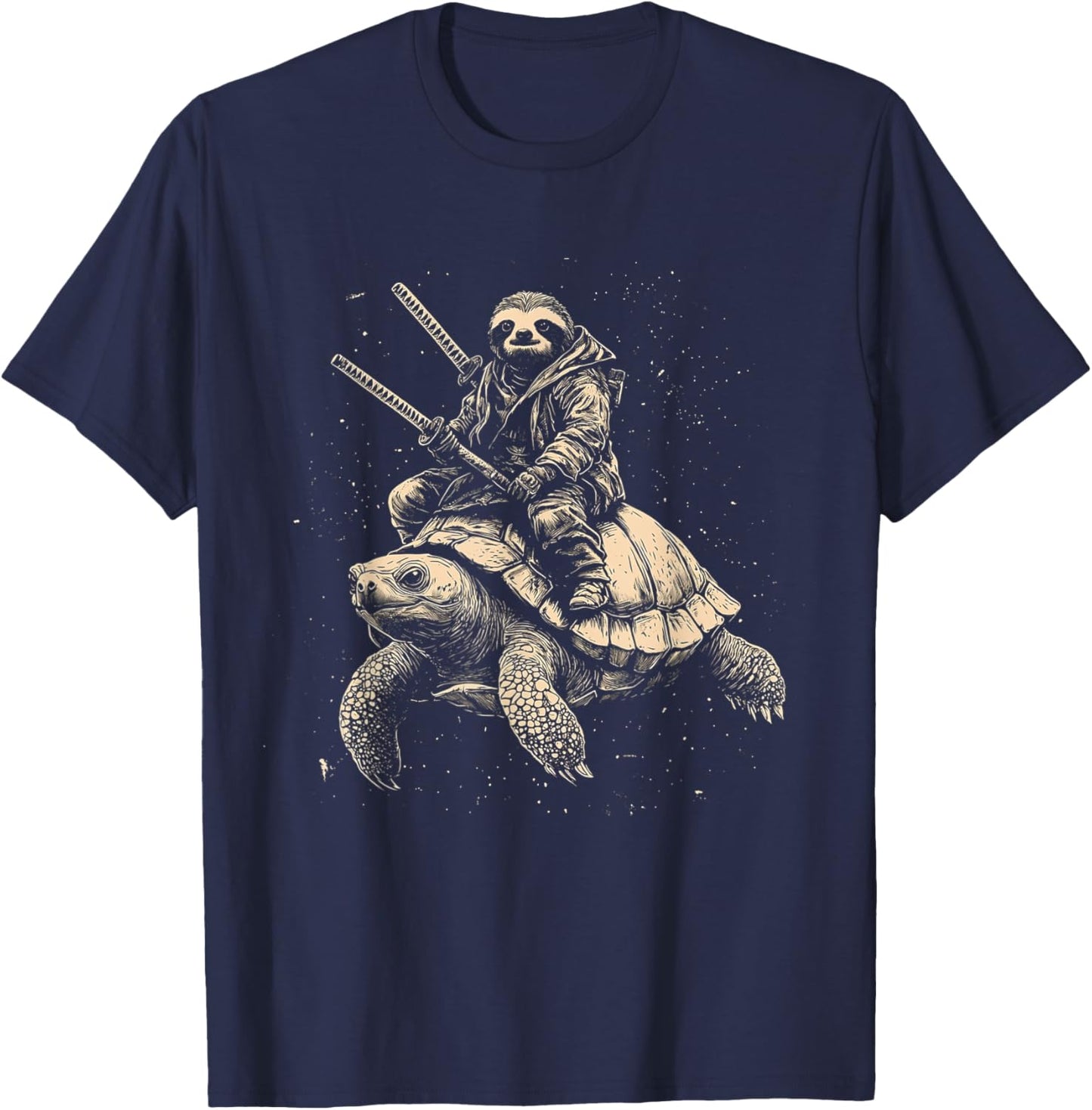 Sloth on Turtle with Katana Cool Samurai Animal Design T-Shirt - T-Shirt | Navy