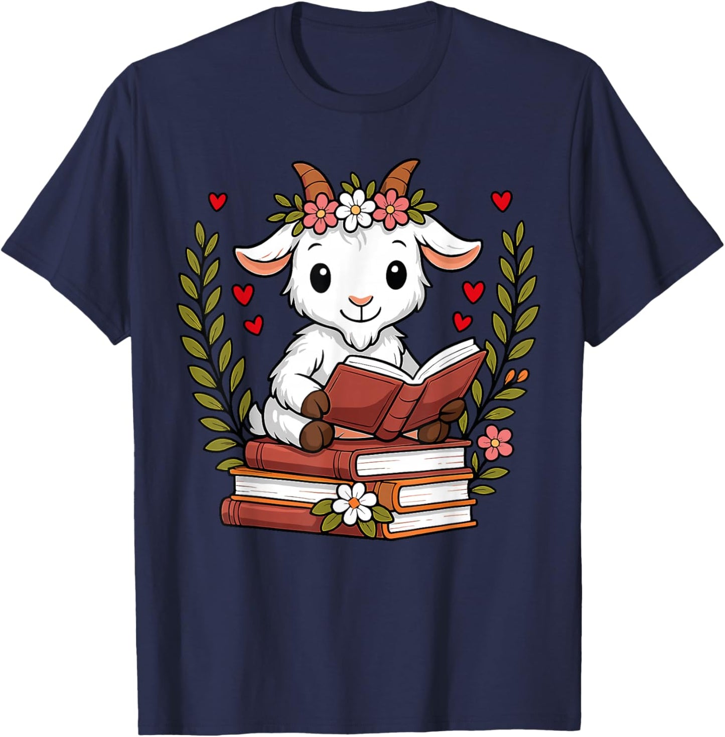 Goat Reading Book Graphic Goat with Book Floral T-Shirt - T-Shirt | Navy