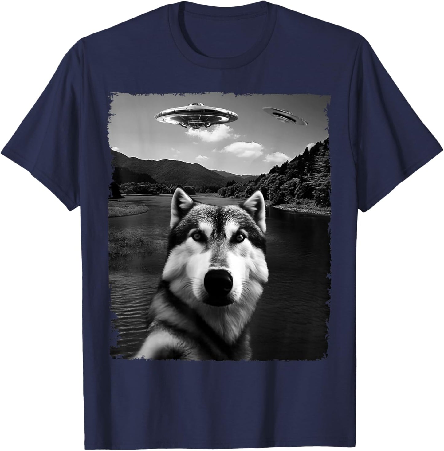 Dog Husky Selfie with Alien and Ufo Women Kids T-Shirt - T-Shirt | Navy