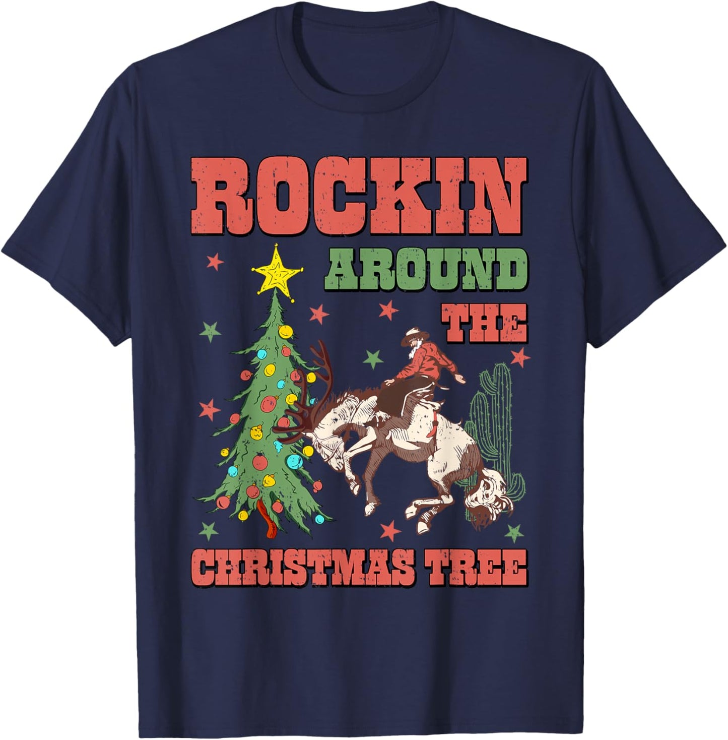 Rocking Around The Christmas Tree Cowboy Riding Horse Xmas T-Shirt - T-Shirt | Navy