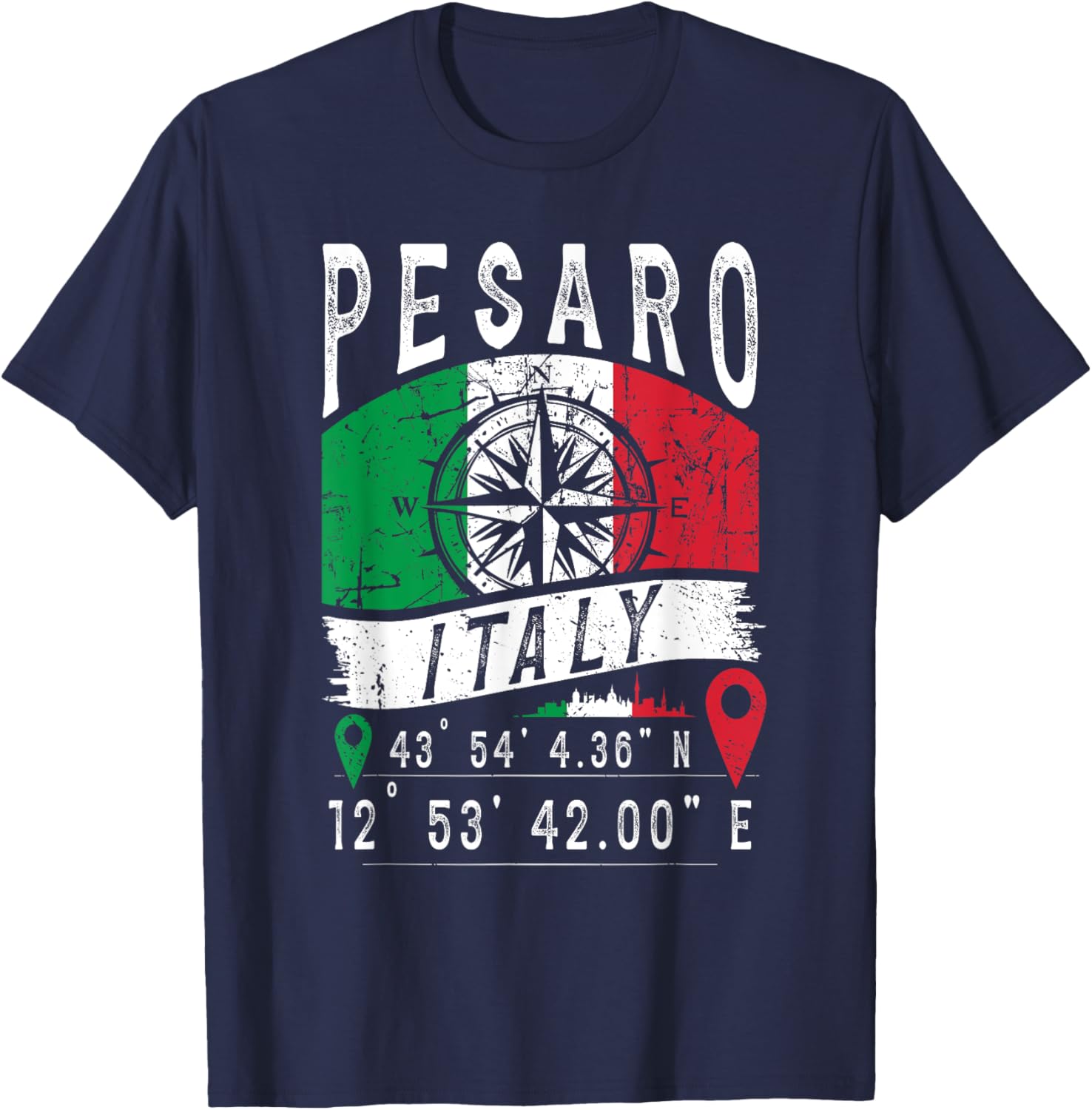Pesaro Italy Flag Italia GPS Coordinates Of Pesaro T-Shirt - T-Shirt | Navy