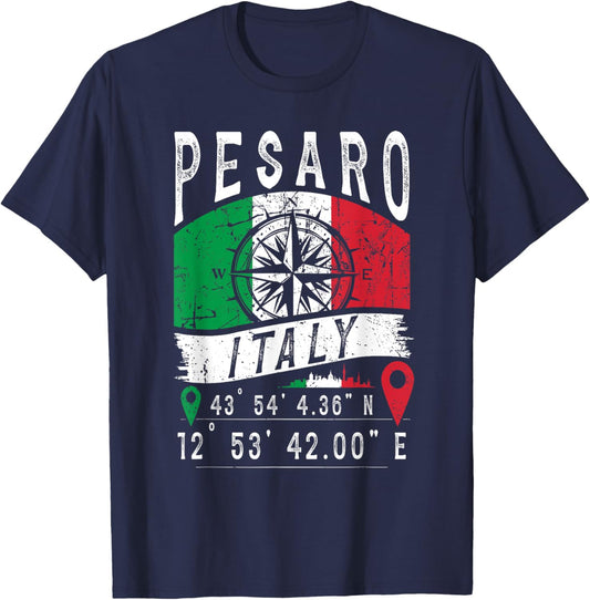 Pesaro Italy Flag Italia GPS Coordinates Of Pesaro T-Shirt - T-Shirt | Navy