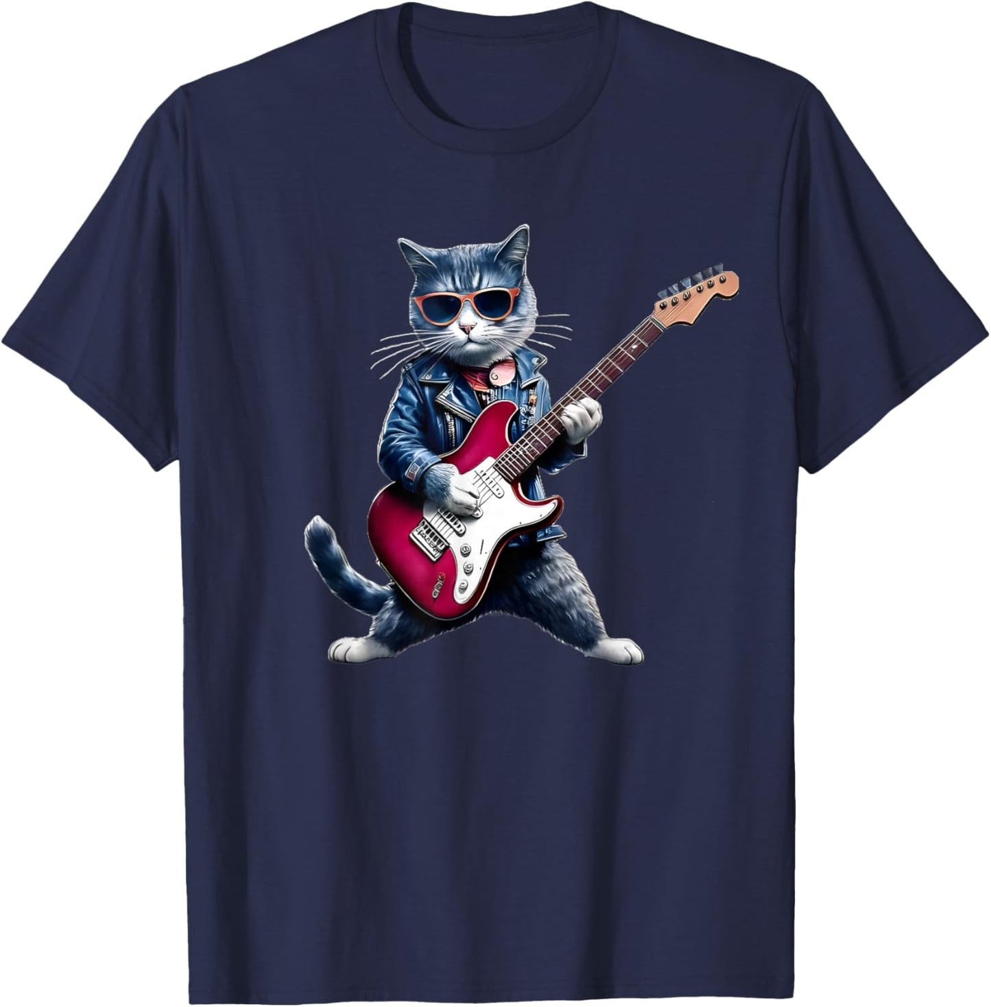 Rock Cat Playing Guitar - Funny Guitar Cat T-Shirt - T-Shirt | Navy