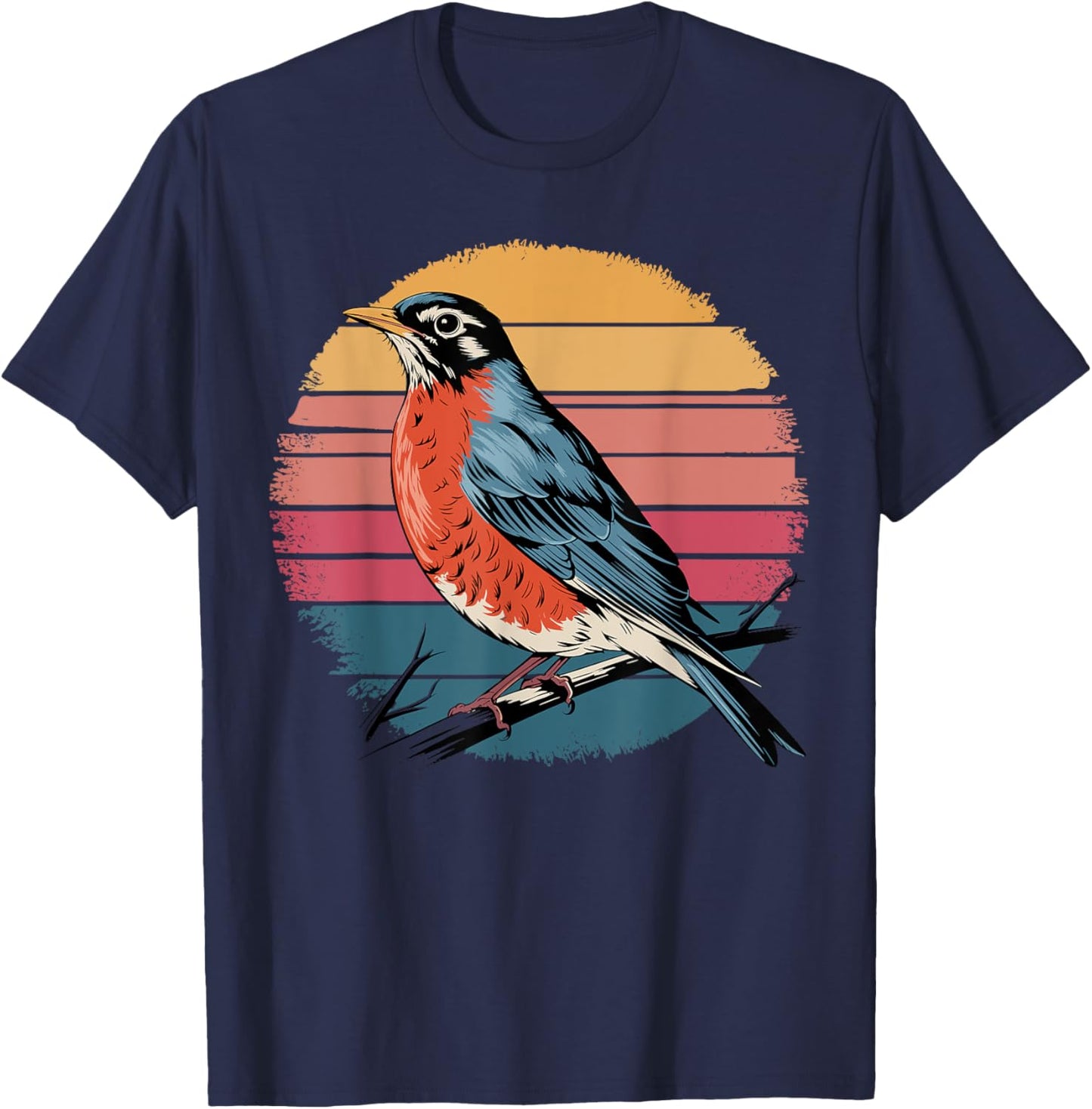 American Robin Bird Lover Vintage Retro Sunset Bird Watching T-Shirt - T-Shirt | Navy