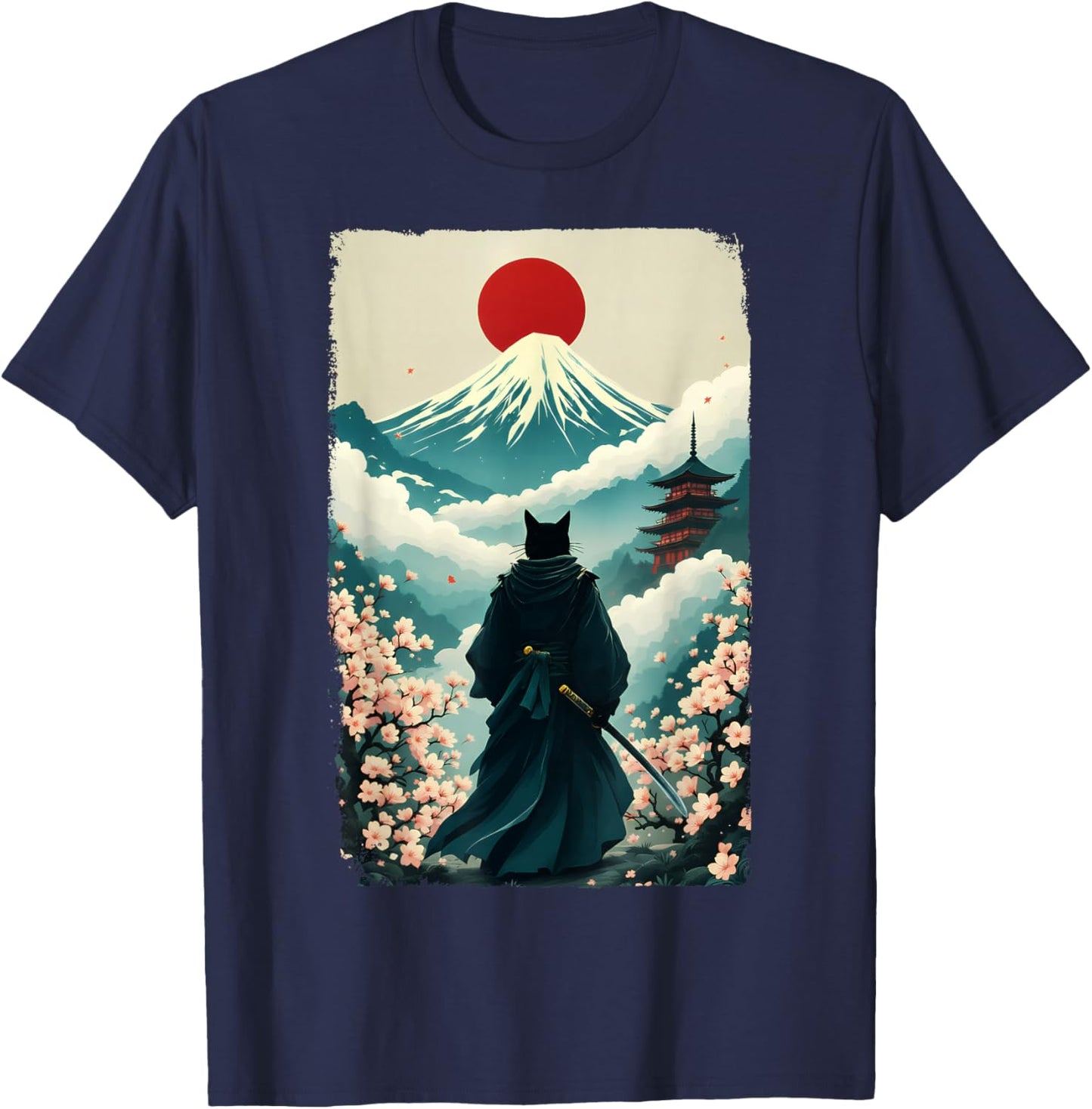 Samurai Cat Warrior Fuji Mount Vintage Japanese Art Graphic T-Shirt - T-Shirt | Navy