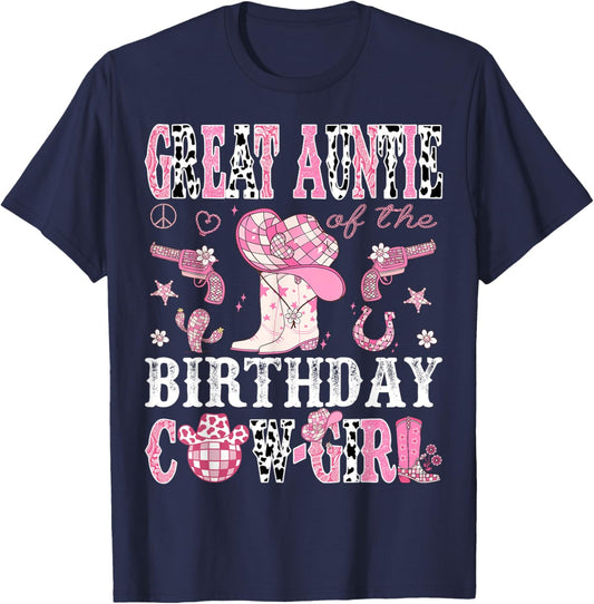 Great Auntie Of The Birthday Cow-Girl Pink Disco Western T-Shirt - T-Shirt | Navy