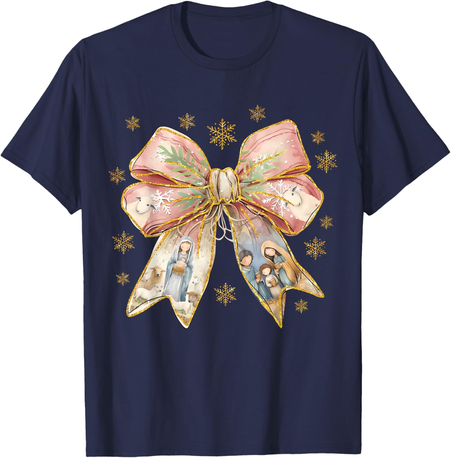 Jesus Christmas Coquette Bow Nativity Scene Christian Women T-Shirt - T-Shirt | Navy