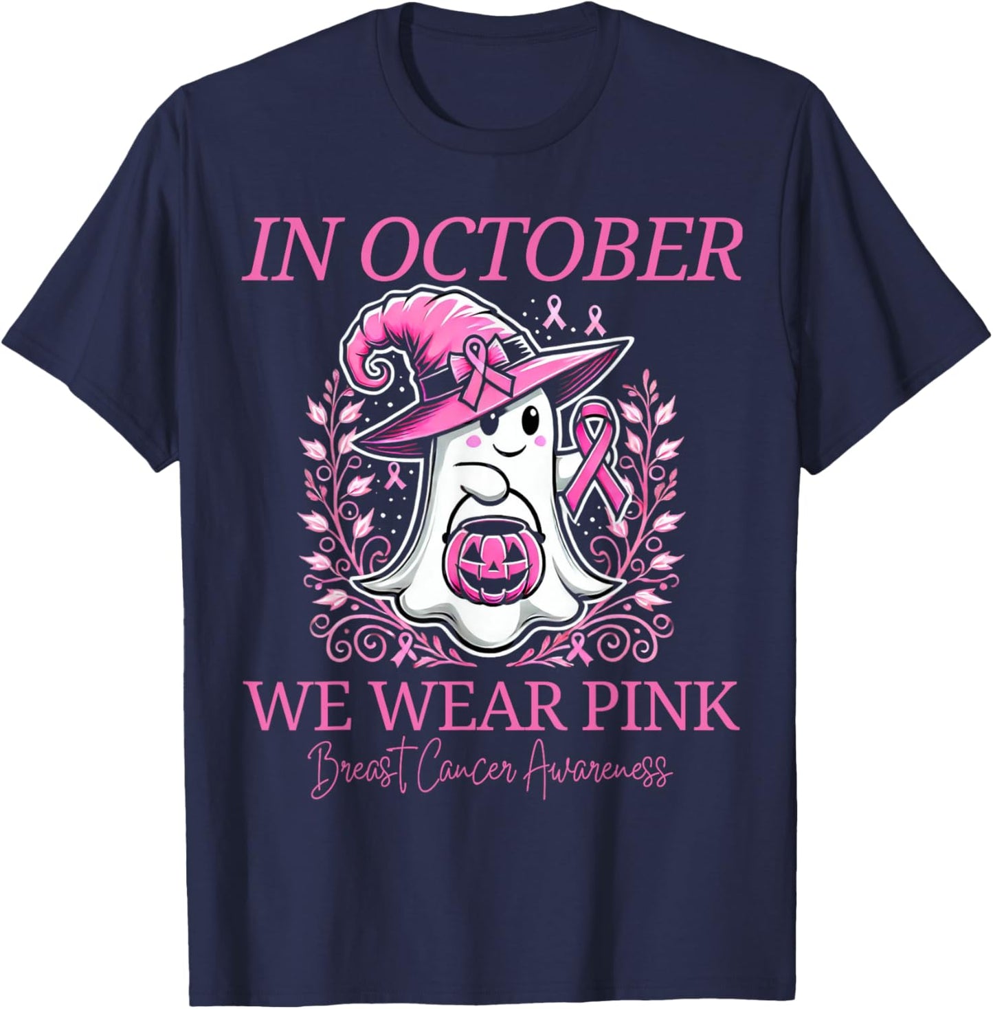 Pink Ghost October Breast Cancer Awareness Halloween T-Shirt - T-Shirt | Navy