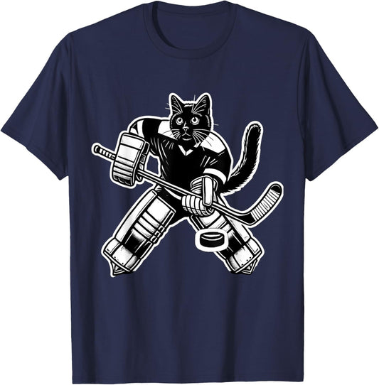 Funny Black Cat Ice Hockey Goalie Women Men Kids Hockey Fans T-Shirt - T-Shirt | Navy