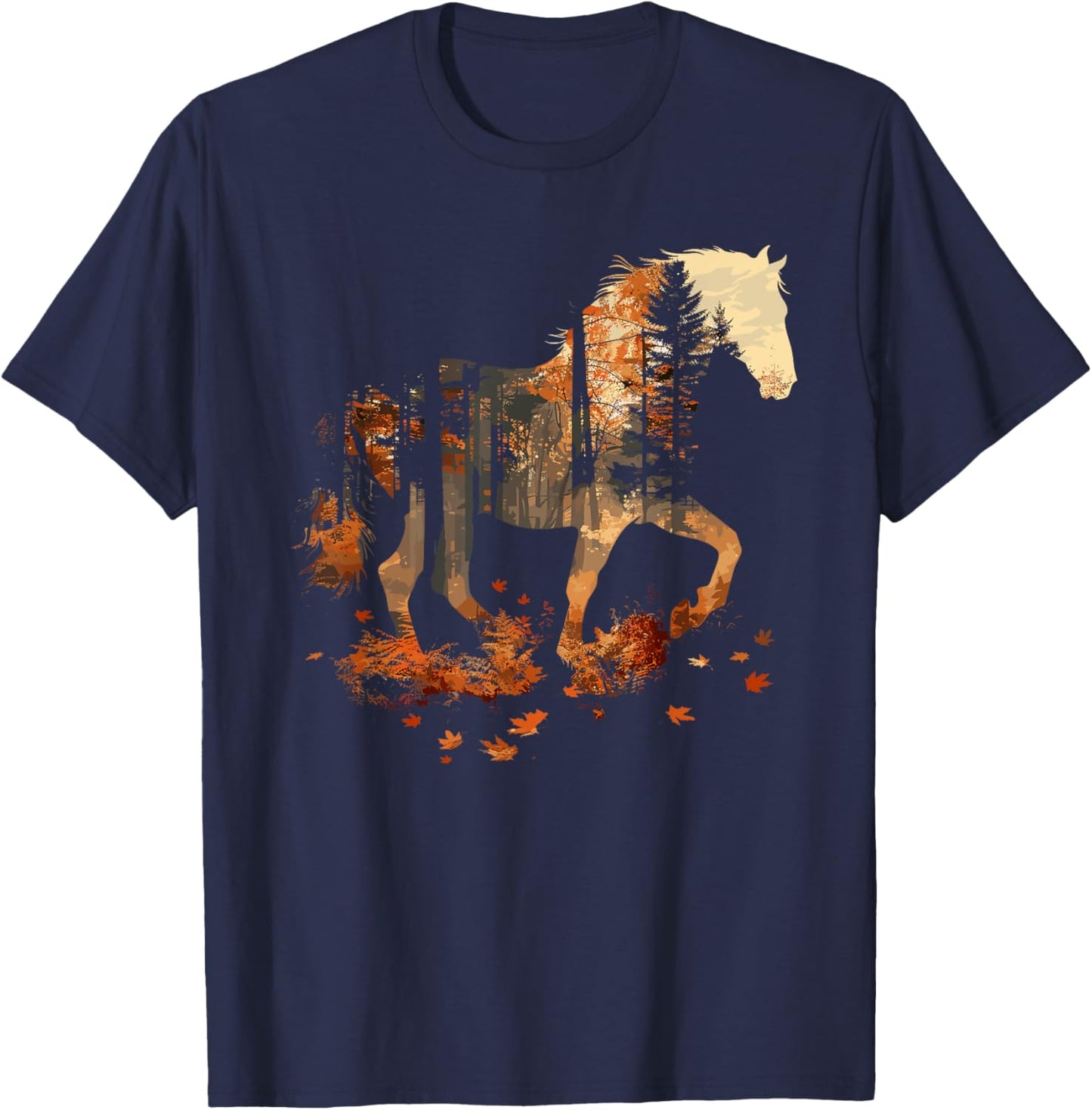 Cute Horse Lover Autumn Leaves Pony Animal Wildlife T-Shirt - T-Shirt | Navy
