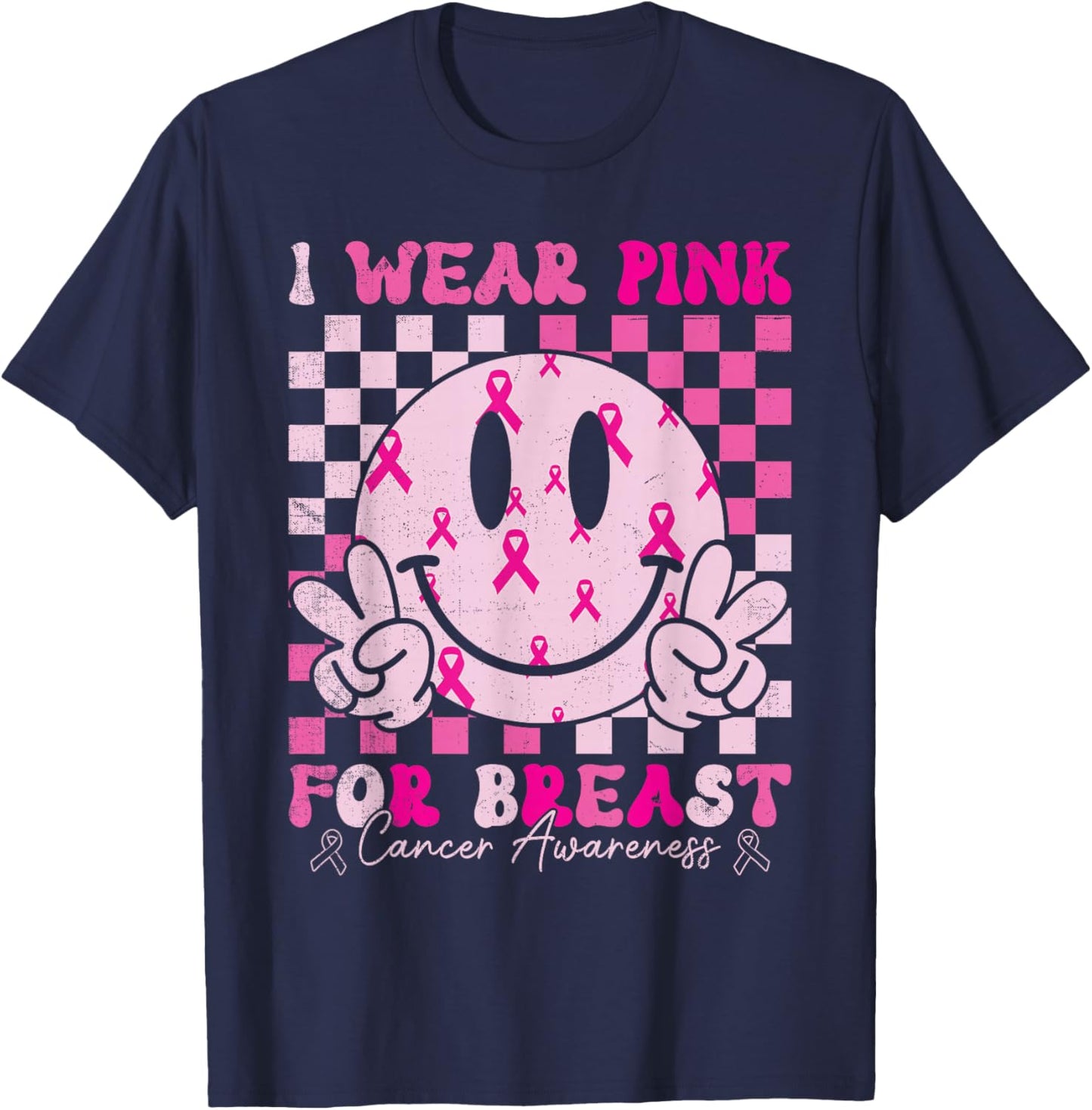 Retro I Wear Pink for Breast Cancer Awareness Pink Ribbon T-Shirt - T-Shirt | Navy