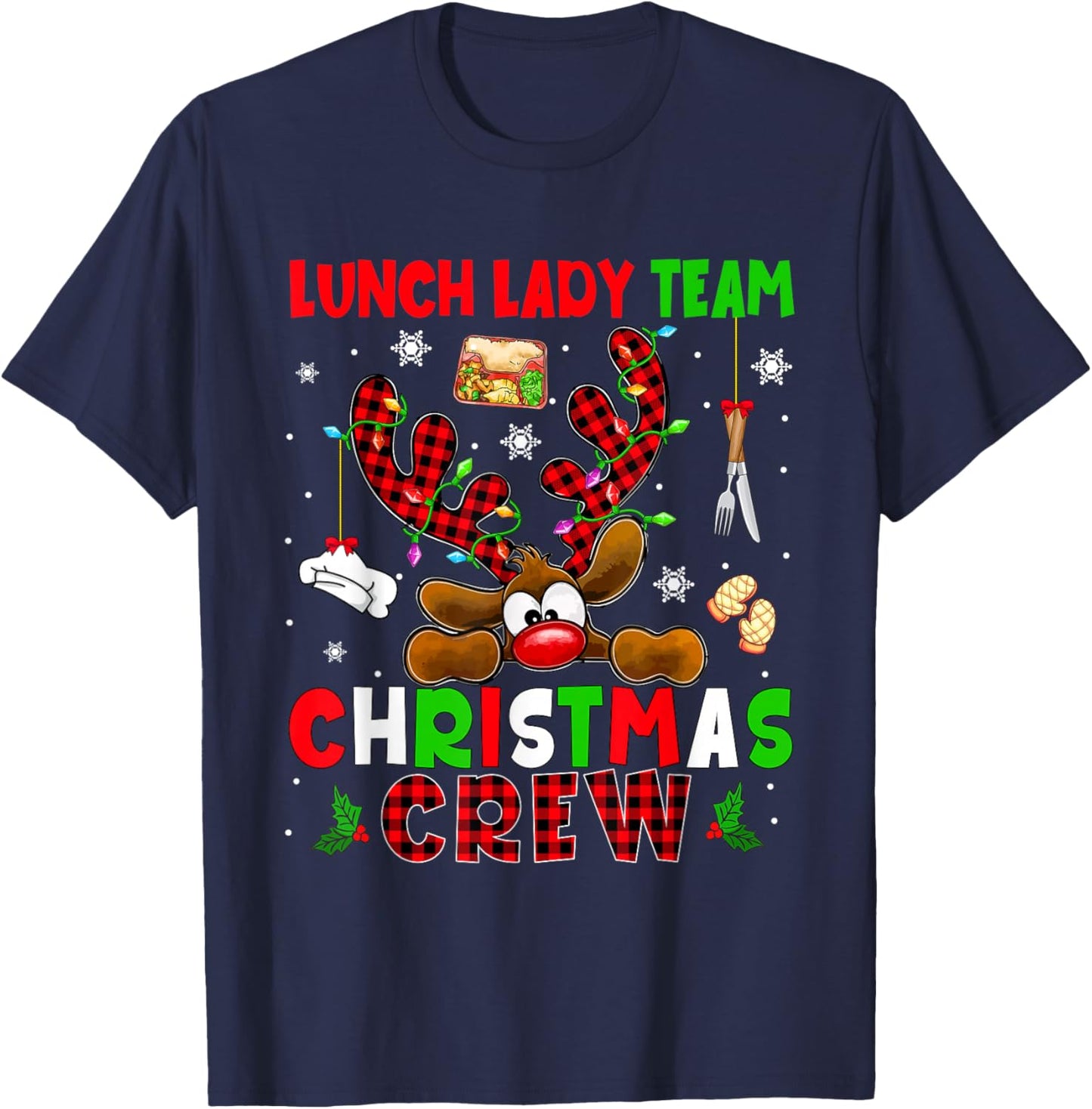 Lunch Lady Team Christmas Crew Proud Job Colorful Reindeer T-Shirt - T-Shirt | Navy