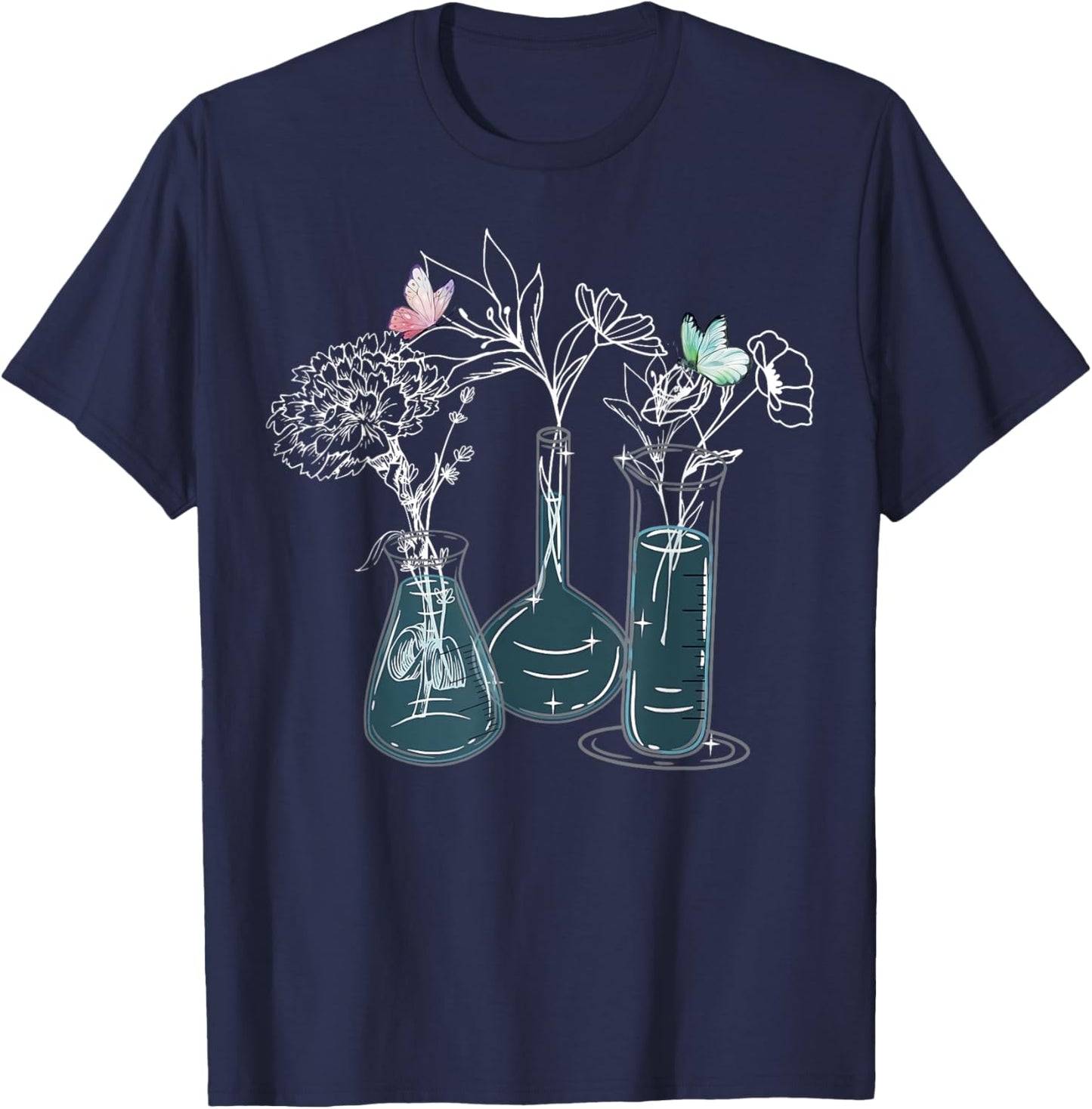 Science Laboratory Floral Flask Butterfly Biology Teacher T-Shirt - T-Shirt | Navy