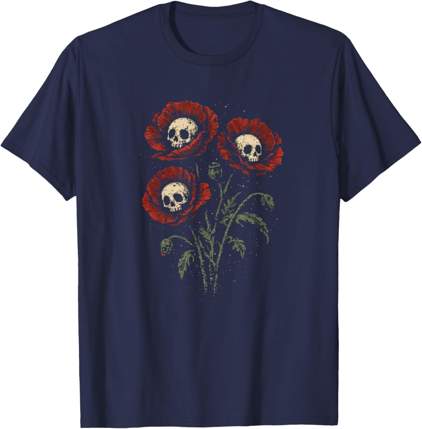 Skull Flowers Creepy Grunge Gothic Graphic T-Shirt - T-Shirt | Navy