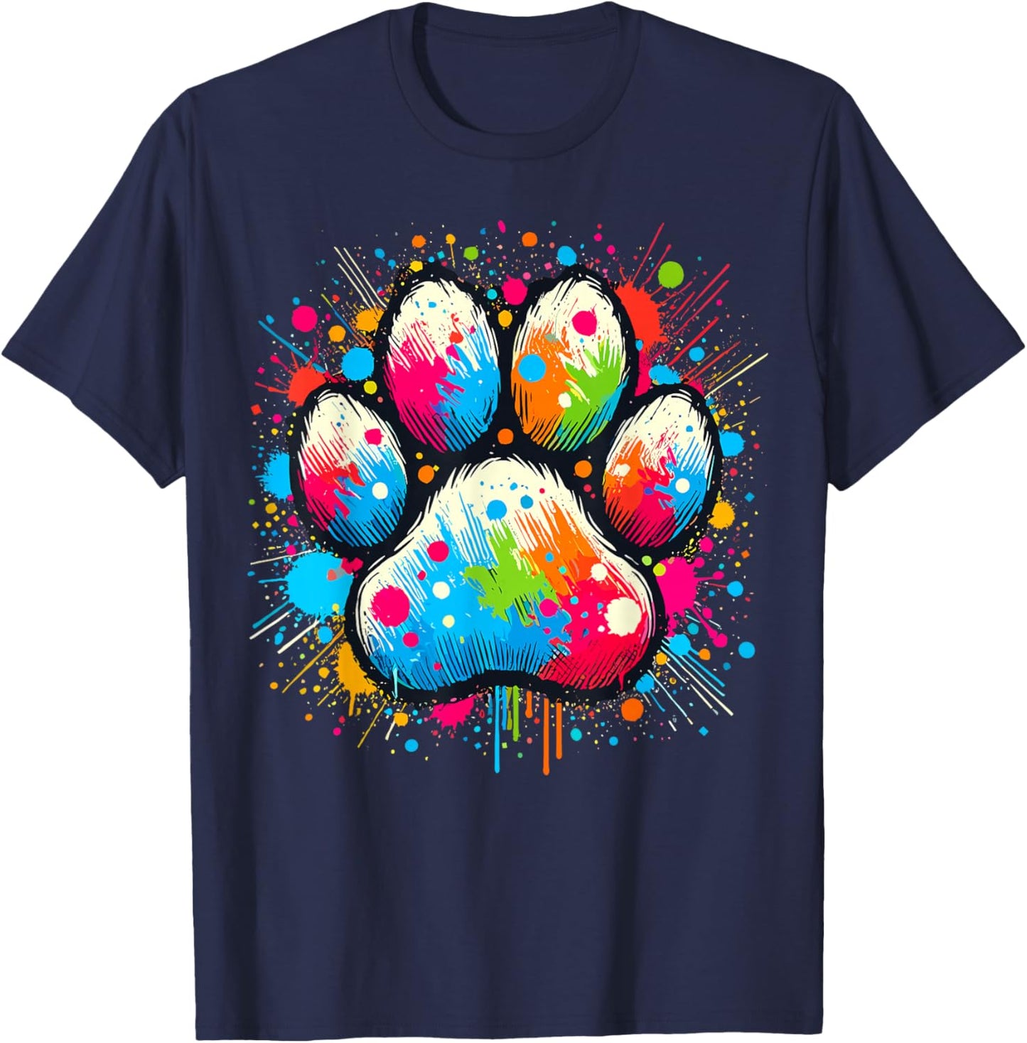 Colorful Paw Dog , -Adults & Kids, Black, Small, Short Sleeve, , Classic Fit T-Shirt - T-Shirt | Navy