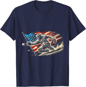 American Flag Baseball Player Bat Fan Catcher Pitcher USA T-Shirt - T-Shirt | Navy