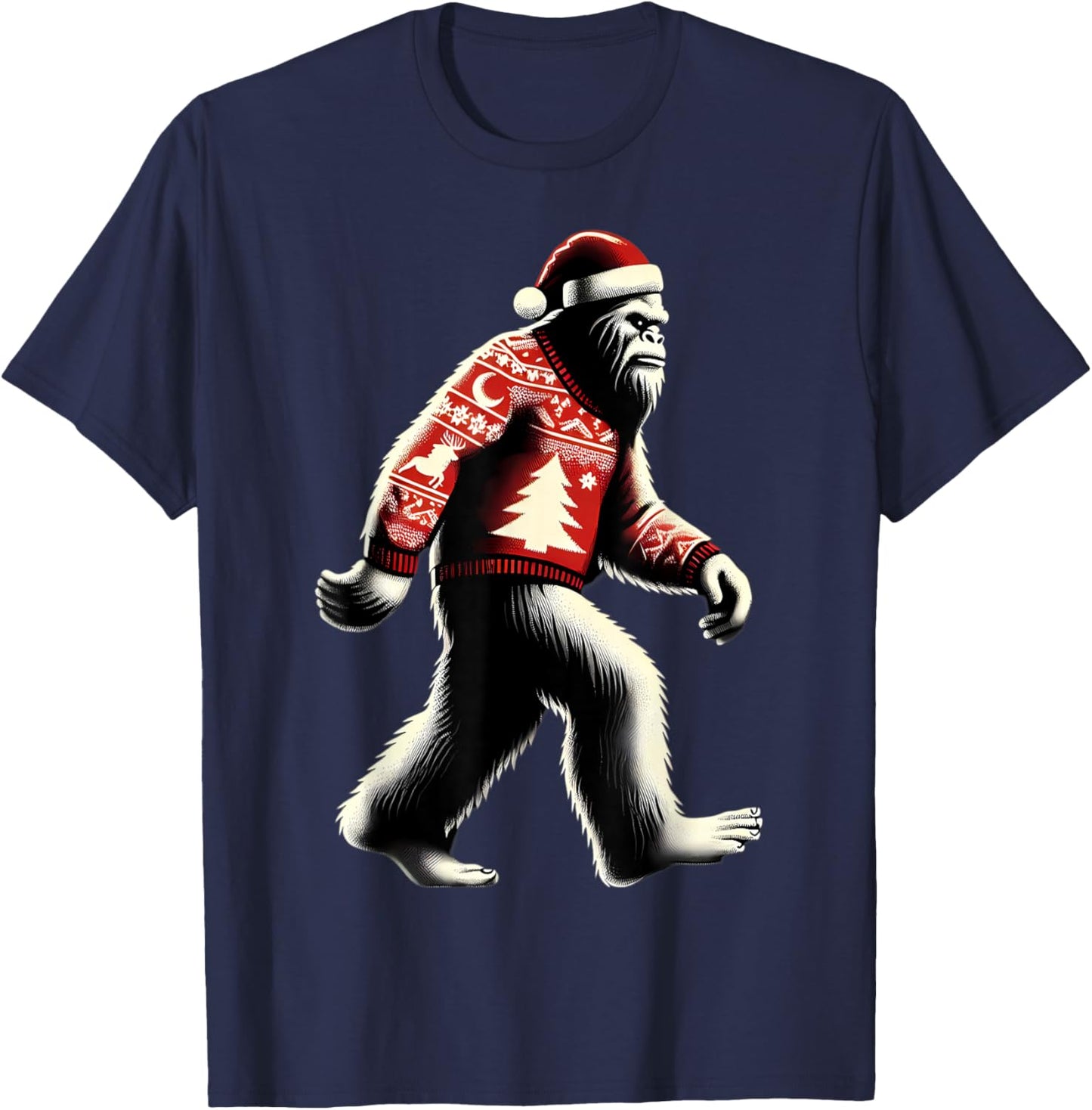 Walking Sasquatch With Santa Hat Christmas Big-foot Funny T-Shirt - T-Shirt | Navy