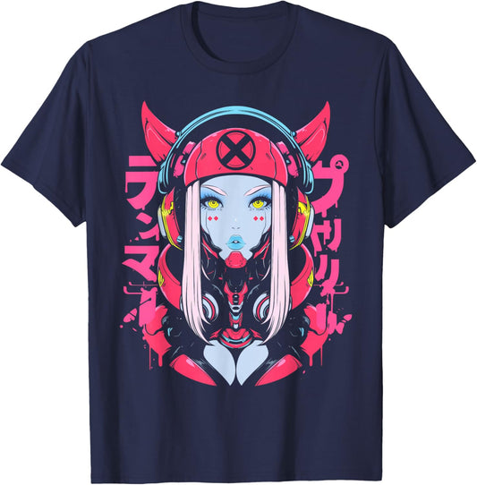 Anime Manga Cyberpunk Aesthetic Techwear Harajuku Waifu T-Shirt - T-Shirt | Navy