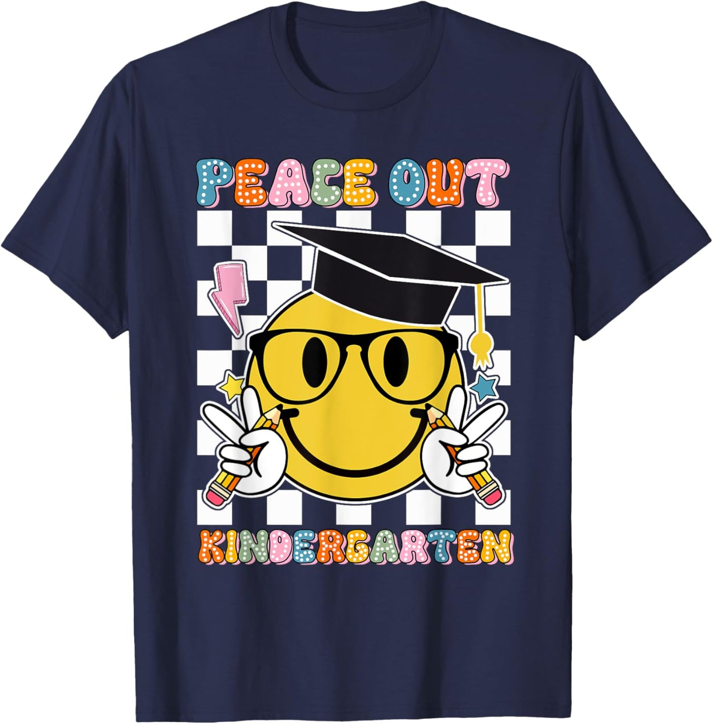 Peace Out Kindergarten Last Day of School Smile Face Kids T-Shirt - T-Shirt | Navy