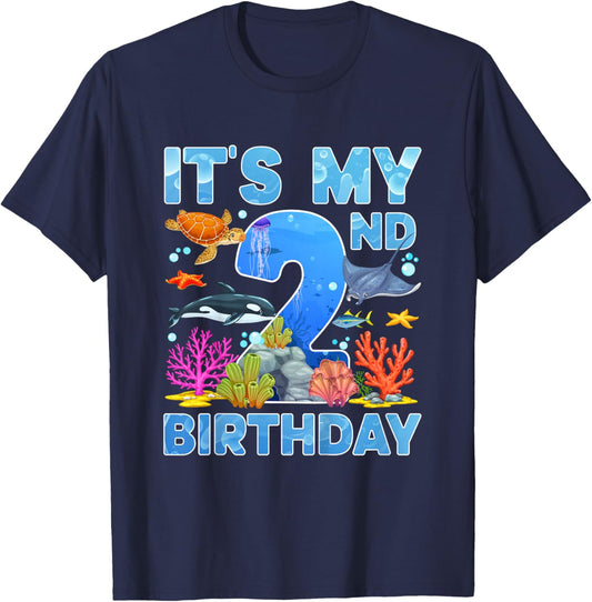 2nd Ocean Birthday Party Two Year Old Sea Animals T-Shirt - T-Shirt | Navy