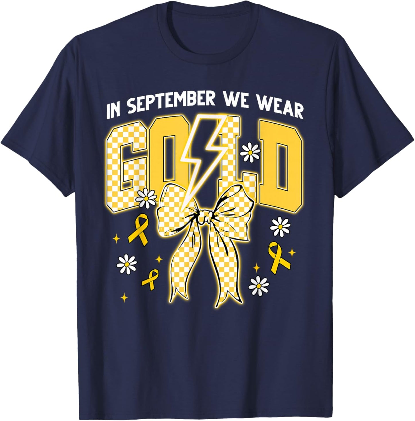 September We Wear Gold Coquette Bow Childhood Cancer Support T-Shirt - T-Shirt | Navy