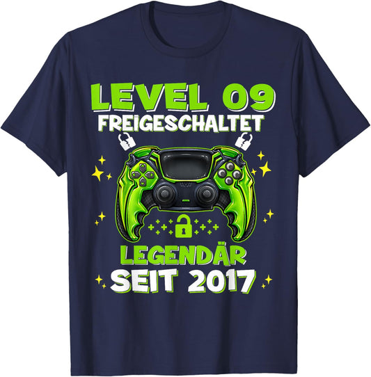Level 9 Years Birthday Shirt Boy Gamer 2017 Birthday T-Shirt - T-Shirt | Navy