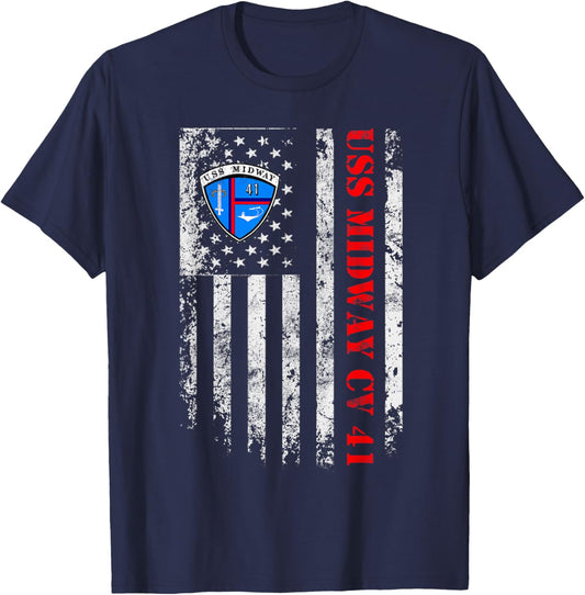 USS Midway CV 41 Aircraft Carrier Veteran USA Flag Vintage T-Shirt - T-Shirt | Navy
