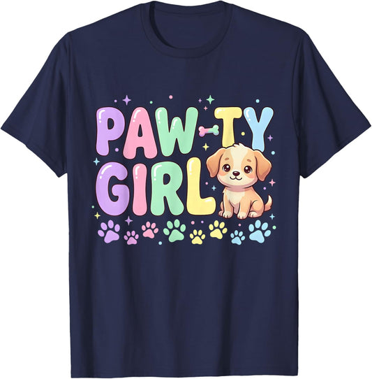 Let's Pawty Girl Birthday Dog Puppy Party Girl Kids Birthday T-Shirt - T-Shirt | Navy