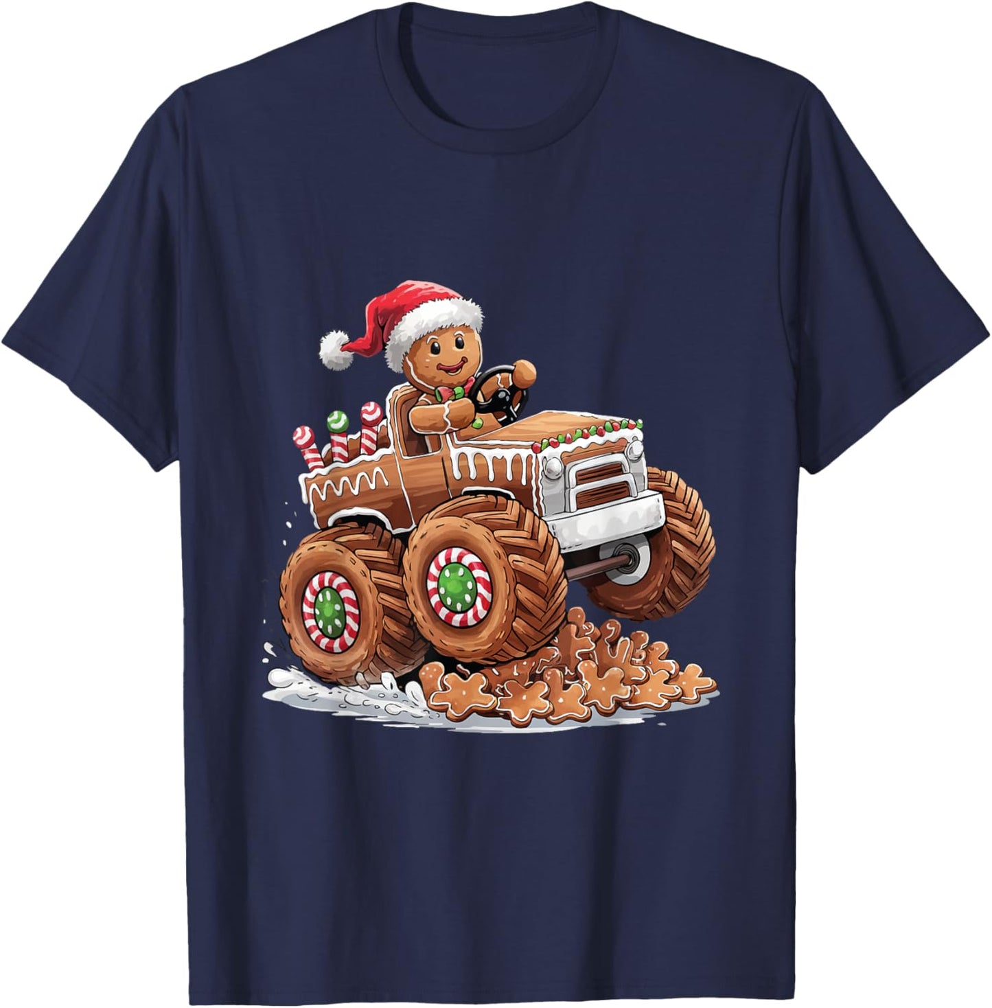 Monster Truck Gingerbread Man Funny Christmas Baking Cookies T-Shirt - T-Shirt | Navy